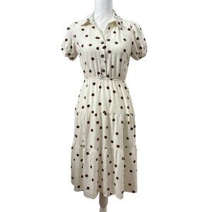 Polka Dot ButtonDown Midi Dress W/ Puff Sleeves & Tiered Skirt Juniors Womens M
